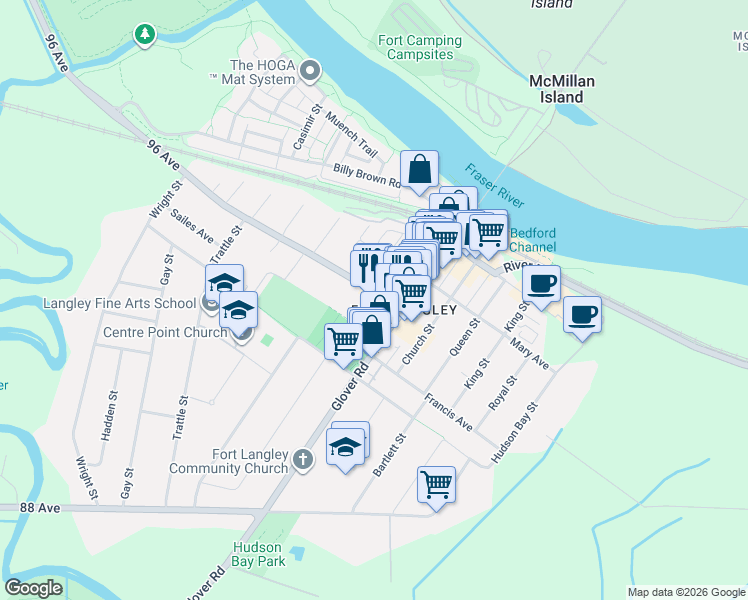 map of restaurants, bars, coffee shops, grocery stores, and more near 23160 96 Avenue in Langley Township