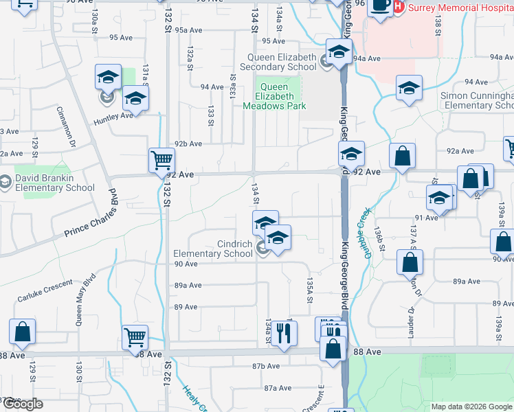 map of restaurants, bars, coffee shops, grocery stores, and more near 13443 91 Avenue in Surrey