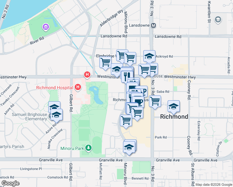 map of restaurants, bars, coffee shops, grocery stores, and more near 7338 Gollner Avenue in Richmond