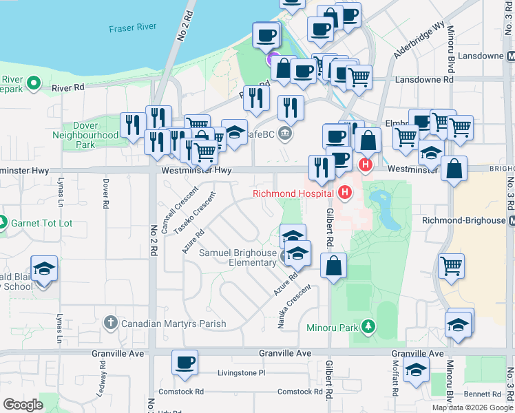 map of restaurants, bars, coffee shops, grocery stores, and more near 6031 Alta Court in Richmond