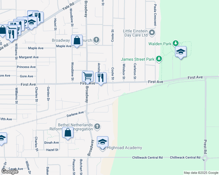 map of restaurants, bars, coffee shops, grocery stores, and more near 9170 Holly Street in Chilliwack