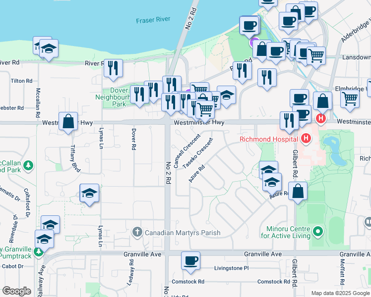 map of restaurants, bars, coffee shops, grocery stores, and more near 6451 Camsell Crescent in Richmond