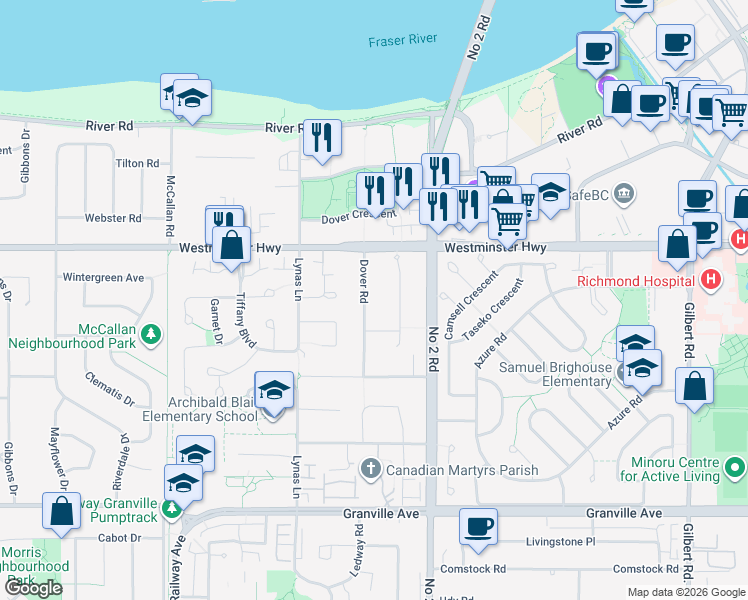 map of restaurants, bars, coffee shops, grocery stores, and more near 6128 Dover Road in Richmond