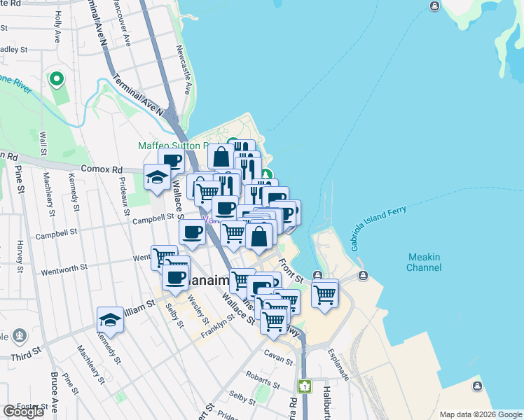 map of restaurants, bars, coffee shops, grocery stores, and more near 55 Front Street in Nanaimo