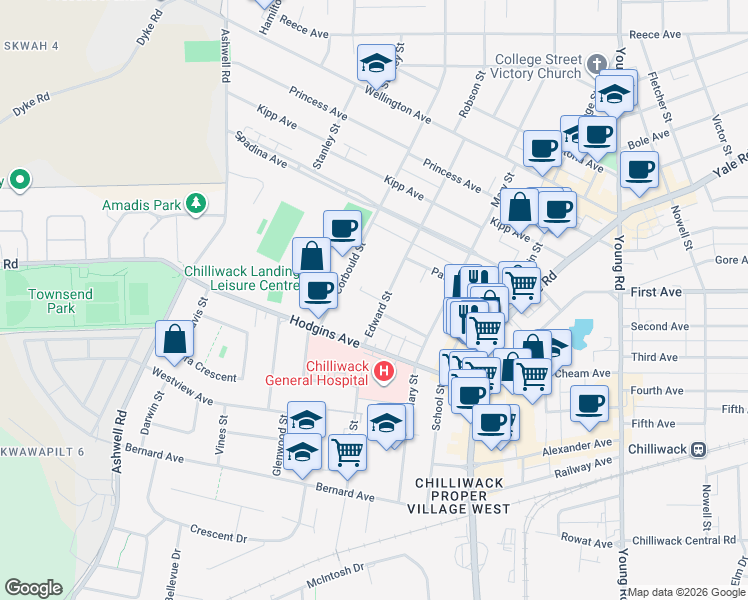 map of restaurants, bars, coffee shops, grocery stores, and more near 9175 Edward Street in Chilliwack