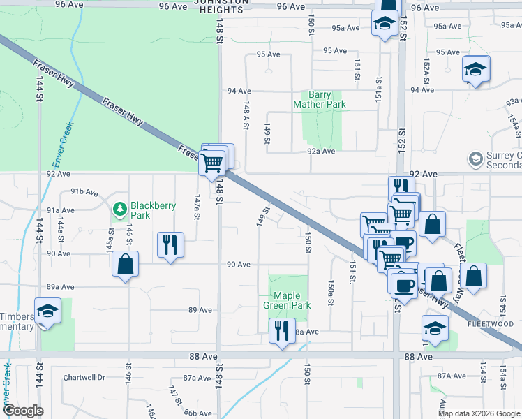 map of restaurants, bars, coffee shops, grocery stores, and more near 9127 149 Street in Surrey