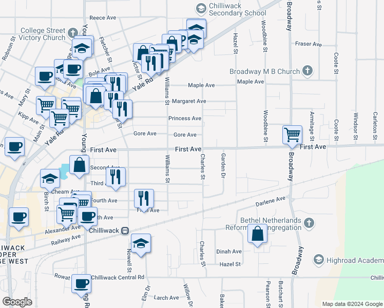 map of restaurants, bars, coffee shops, grocery stores, and more near 46262 First Avenue in Chilliwack