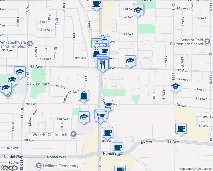 map of restaurants, bars, coffee shops, grocery stores, and more near 9088 Holt Road in Surrey