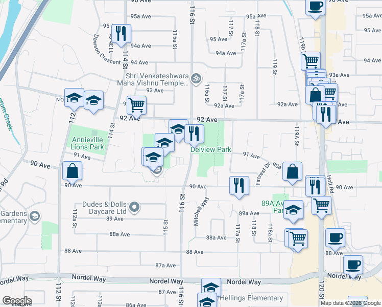 map of restaurants, bars, coffee shops, grocery stores, and more near 116 Street & 91 Avenue in Delta