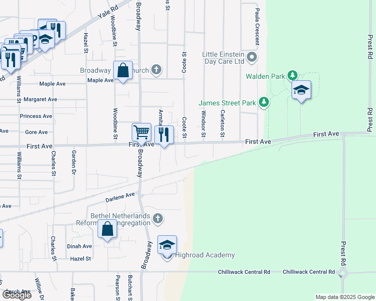 map of restaurants, bars, coffee shops, grocery stores, and more near 9160 Holly Street in Chilliwack