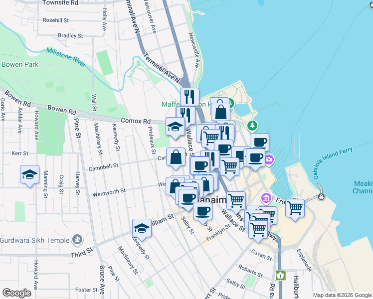 map of restaurants, bars, coffee shops, grocery stores, and more near 340 Campbell Street in Nanaimo