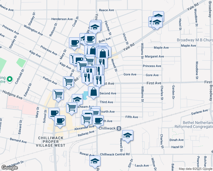 map of restaurants, bars, coffee shops, grocery stores, and more near 46028 First Avenue in Chilliwack