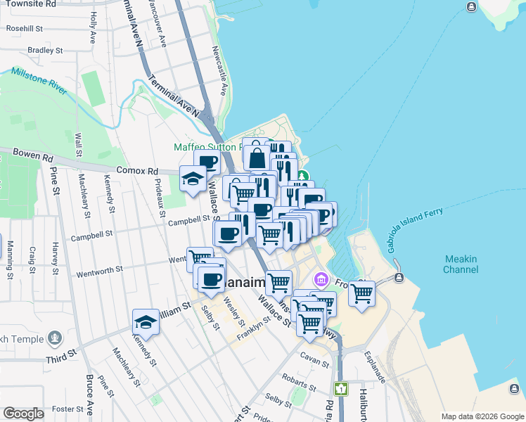 map of restaurants, bars, coffee shops, grocery stores, and more near 85 Skinner Street in Nanaimo