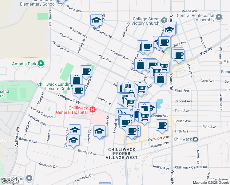 map of restaurants, bars, coffee shops, grocery stores, and more near 9175 Mary Street in Chilliwack