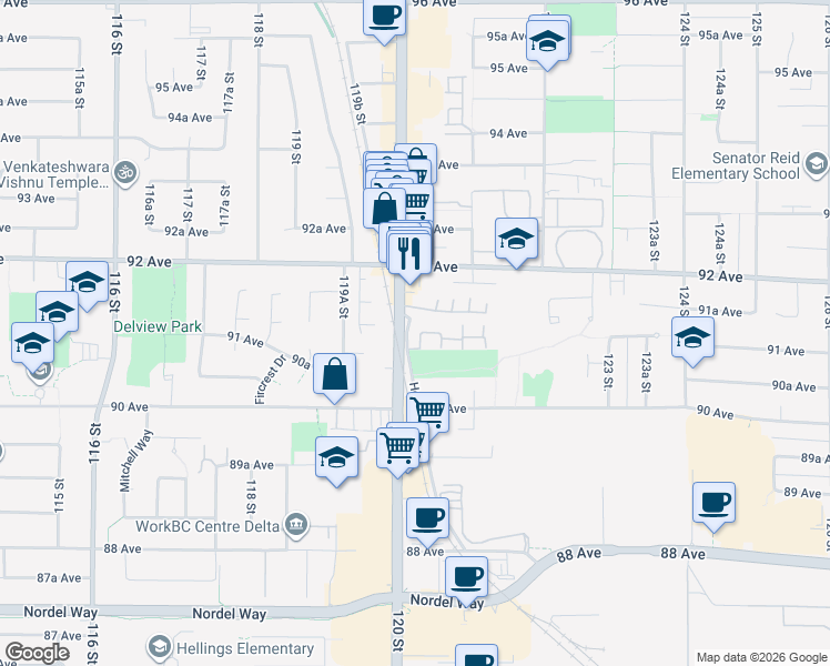 map of restaurants, bars, coffee shops, grocery stores, and more near in Surrey