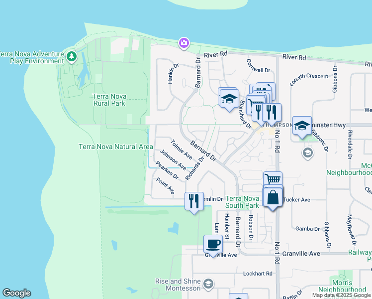 map of restaurants, bars, coffee shops, grocery stores, and more near 3491 Tolmie Avenue in Richmond