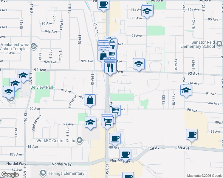 map of restaurants, bars, coffee shops, grocery stores, and more near 9088 Holt Road in Surrey