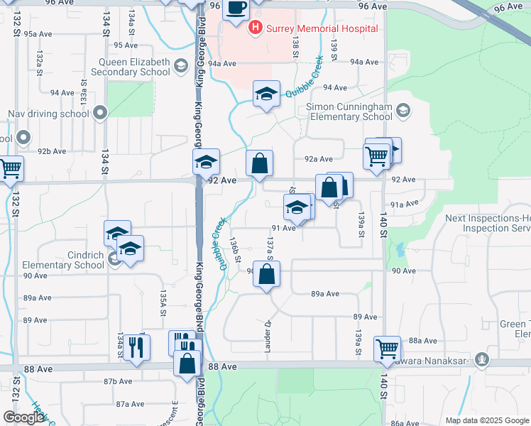 map of restaurants, bars, coffee shops, grocery stores, and more near 13748 91A Avenue in Surrey