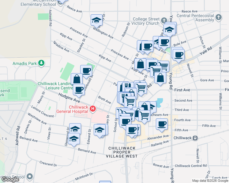 map of restaurants, bars, coffee shops, grocery stores, and more near 9175 Mary Street in Chilliwack