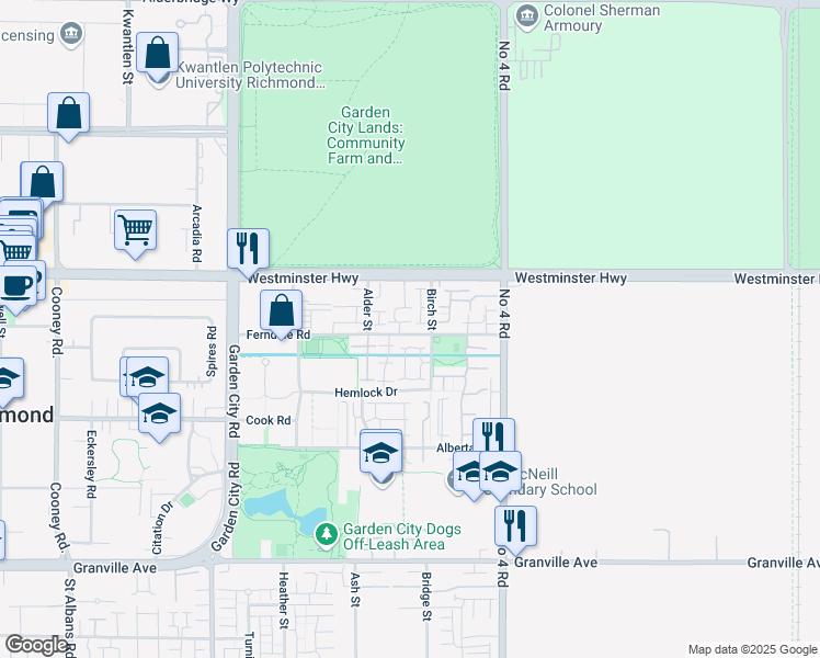map of restaurants, bars, coffee shops, grocery stores, and more near 5 Ferndale Road in Richmond