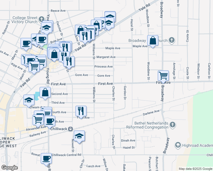 map of restaurants, bars, coffee shops, grocery stores, and more near 46262 First Avenue in Chilliwack