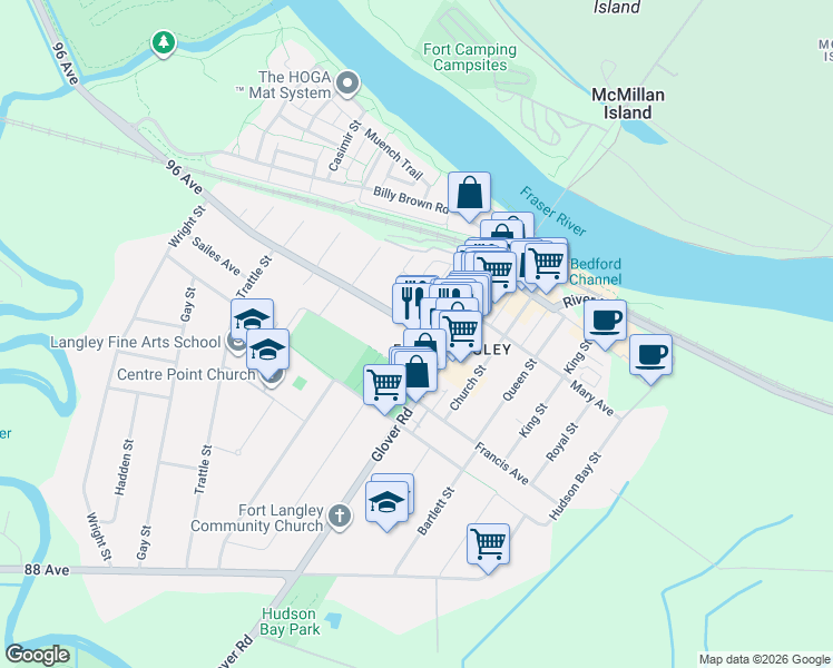 map of restaurants, bars, coffee shops, grocery stores, and more near 23160 96 Avenue in Langley Township