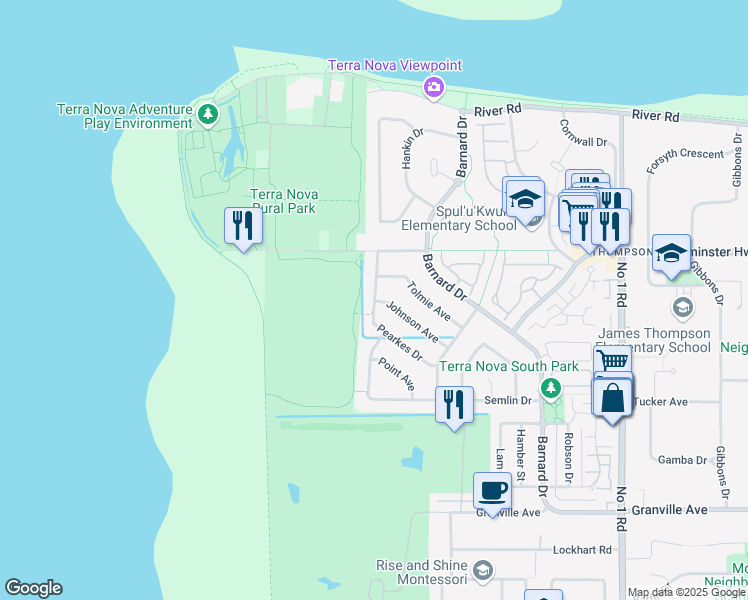 map of restaurants, bars, coffee shops, grocery stores, and more near 6131 Pearkes Drive in Richmond