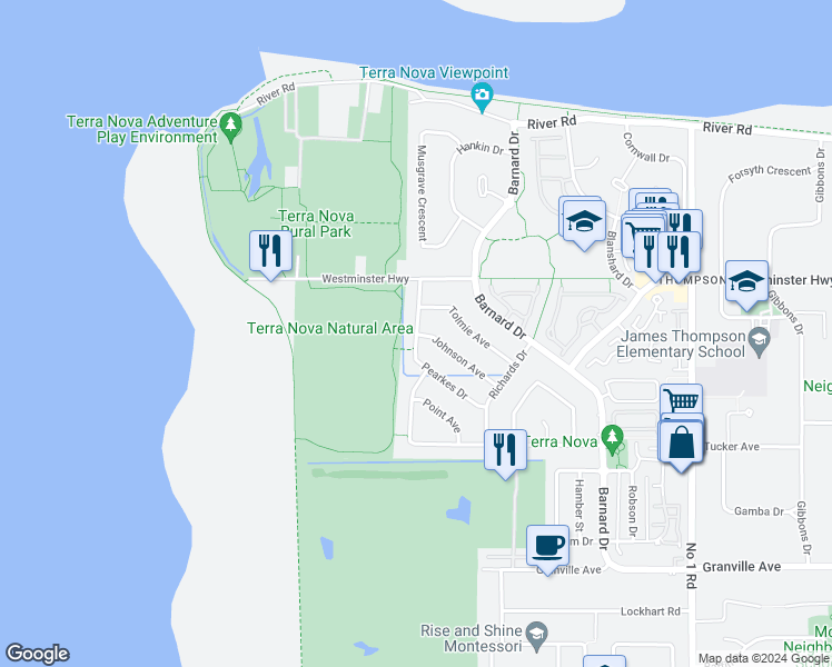 map of restaurants, bars, coffee shops, grocery stores, and more near 6131 Pearkes Drive in Richmond