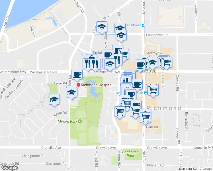 map of restaurants, bars, coffee shops, grocery stores, and more near 7338 Gollner Avenue in Richmond