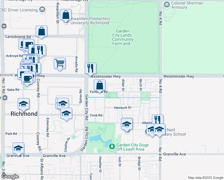 map of restaurants, bars, coffee shops, grocery stores, and more near 9311 Ferndale Road in Richmond