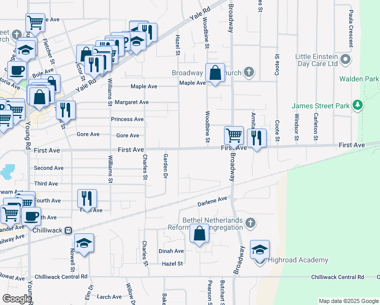 map of restaurants, bars, coffee shops, grocery stores, and more near 46430 First Avenue in Chilliwack