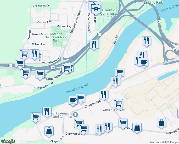 map of restaurants, bars, coffee shops, grocery stores, and more near 23000 Dyke Road in Richmond