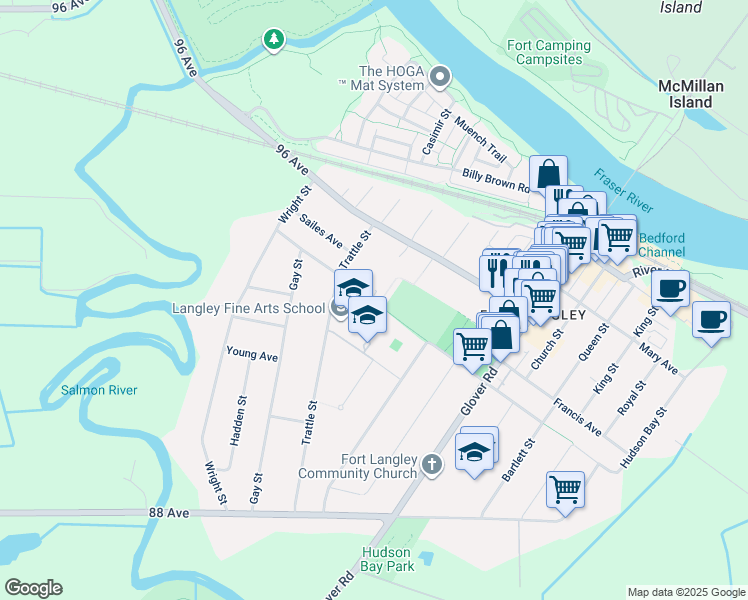 map of restaurants, bars, coffee shops, grocery stores, and more near 23211 Saint Andrews Avenue in Langley