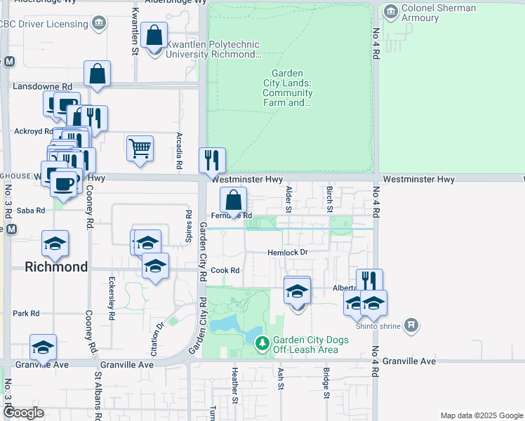 map of restaurants, bars, coffee shops, grocery stores, and more near 9331 Ferndale Road in Richmond