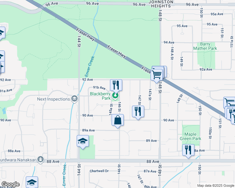 map of restaurants, bars, coffee shops, grocery stores, and more near 9135 146 Street in Surrey