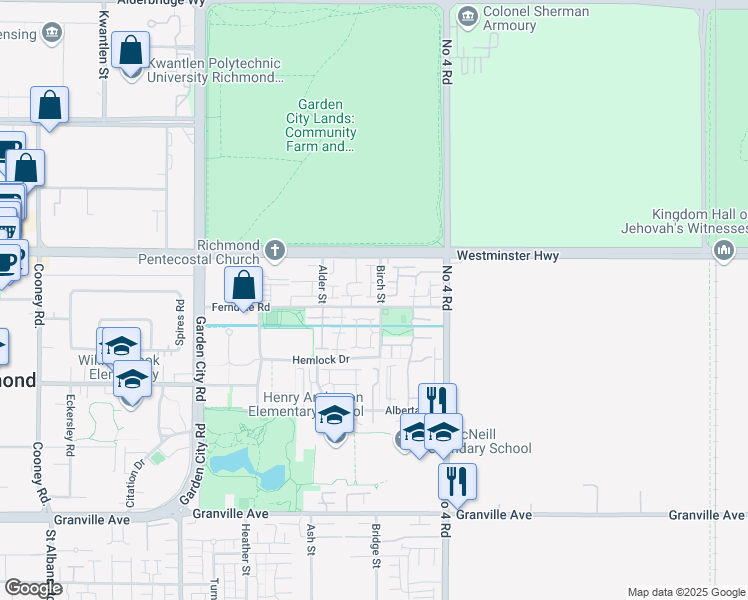 map of restaurants, bars, coffee shops, grocery stores, and more near 6199 Birch Street in Richmond