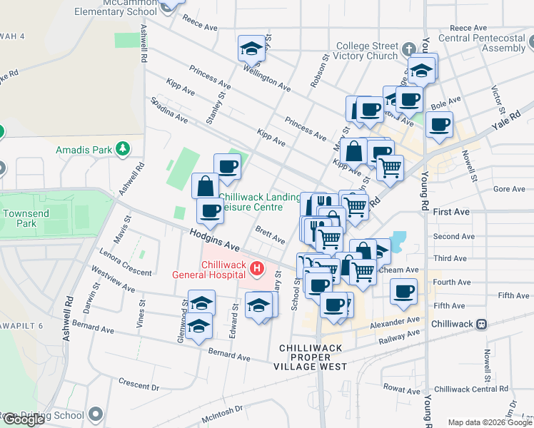 map of restaurants, bars, coffee shops, grocery stores, and more near 9186 Edward Street in Chilliwack
