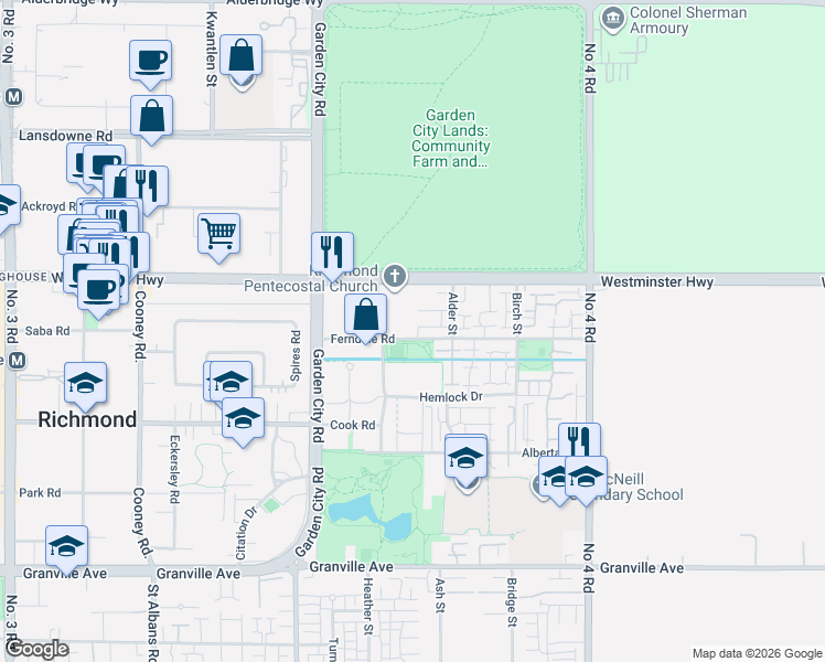 map of restaurants, bars, coffee shops, grocery stores, and more near 9331 Ferndale Road in Richmond