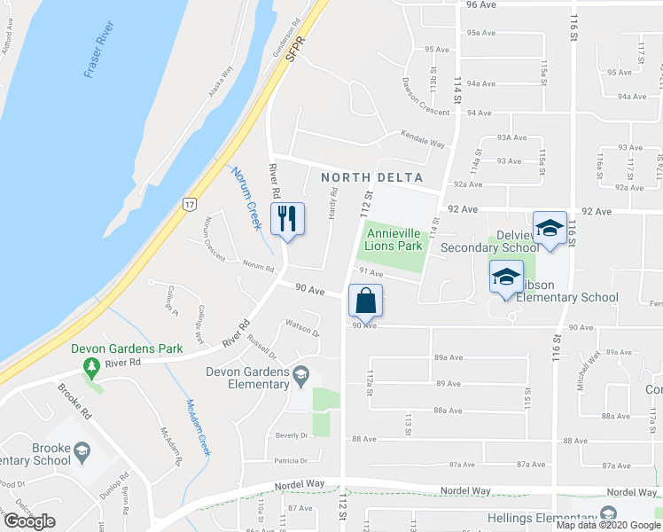 map of restaurants, bars, coffee shops, grocery stores, and more near 9092 Hardy Road in Delta