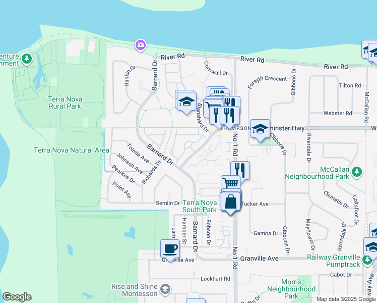 map of restaurants, bars, coffee shops, grocery stores, and more near 3555 Westminster Highway in Richmond