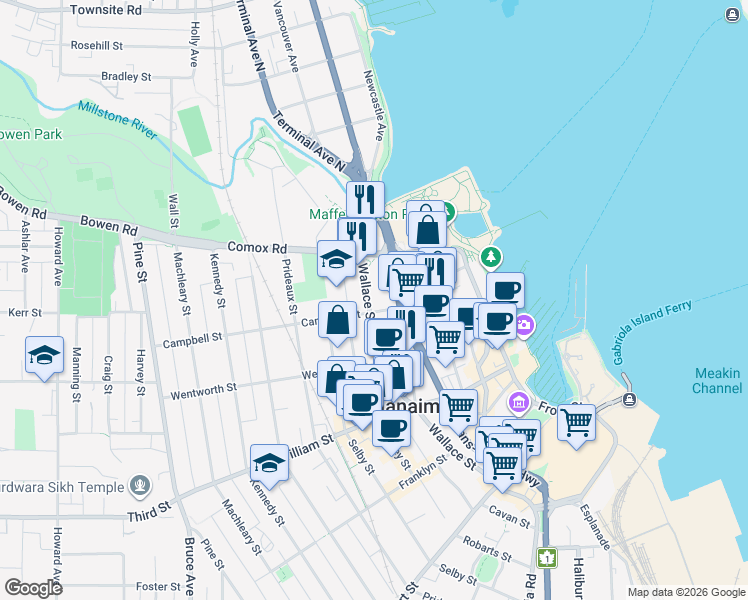 map of restaurants, bars, coffee shops, grocery stores, and more near 96 Wallace Street in Nanaimo