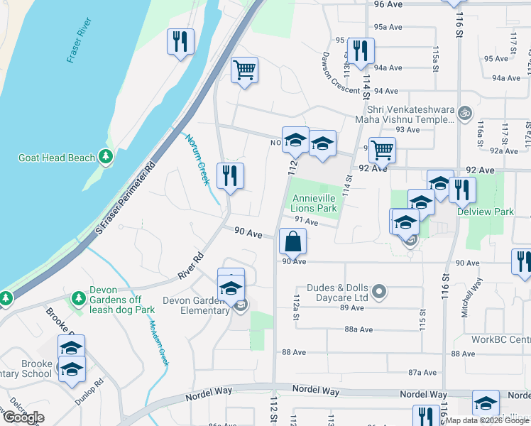 map of restaurants, bars, coffee shops, grocery stores, and more near 9092 Hardy Road in Delta