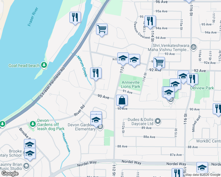 map of restaurants, bars, coffee shops, grocery stores, and more near 11164 Hardy Place in Delta