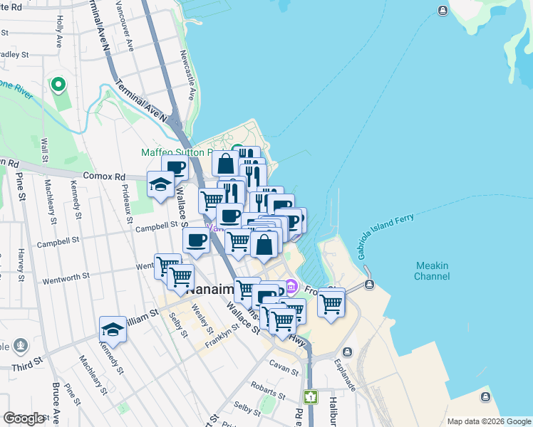 map of restaurants, bars, coffee shops, grocery stores, and more near 38 Front Street in Nanaimo