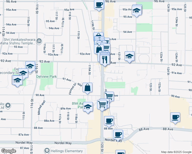 map of restaurants, bars, coffee shops, grocery stores, and more near 11944 92 Avenue in Delta