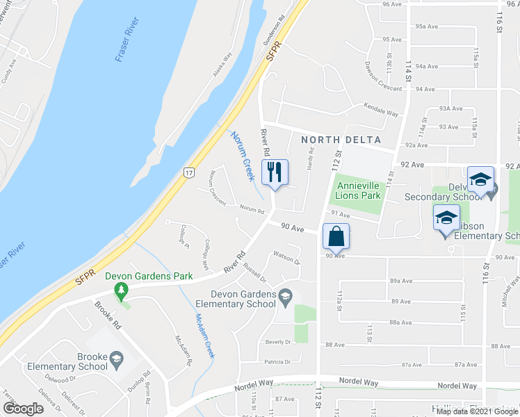 map of restaurants, bars, coffee shops, grocery stores, and more near 9098 Norum Road in Delta