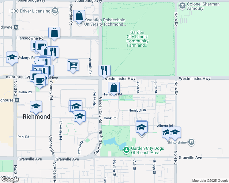 map of restaurants, bars, coffee shops, grocery stores, and more near 9233 Ferndale Road in Richmond