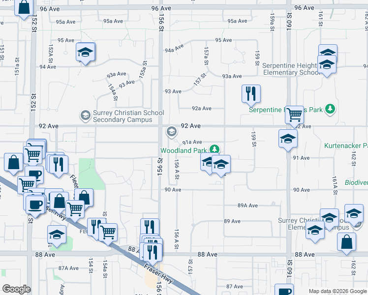 map of restaurants, bars, coffee shops, grocery stores, and more near 15662 91A Avenue in Surrey