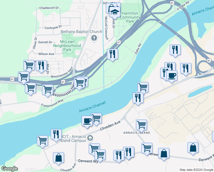 map of restaurants, bars, coffee shops, grocery stores, and more near in Richmond
