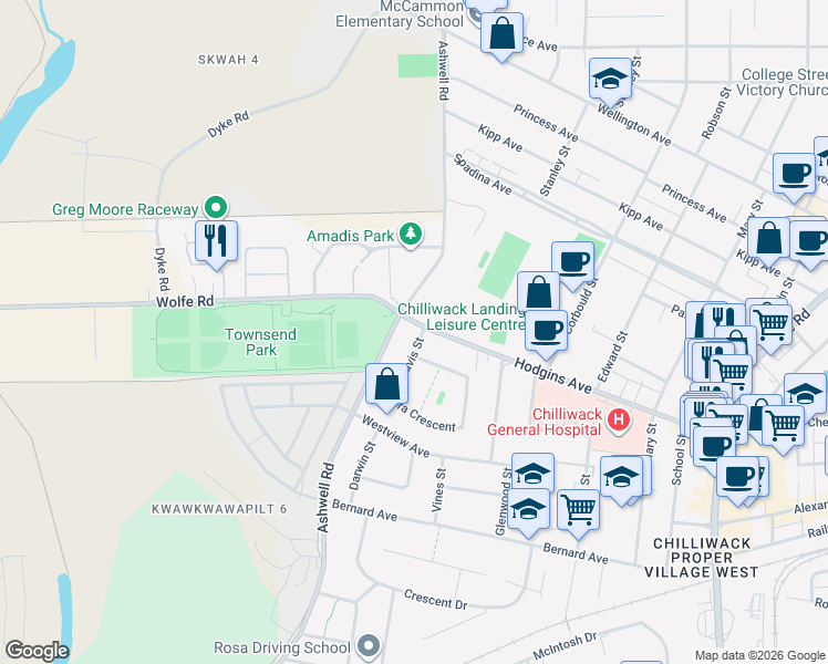 map of restaurants, bars, coffee shops, grocery stores, and more near 9171 Mavis Street in Chilliwack